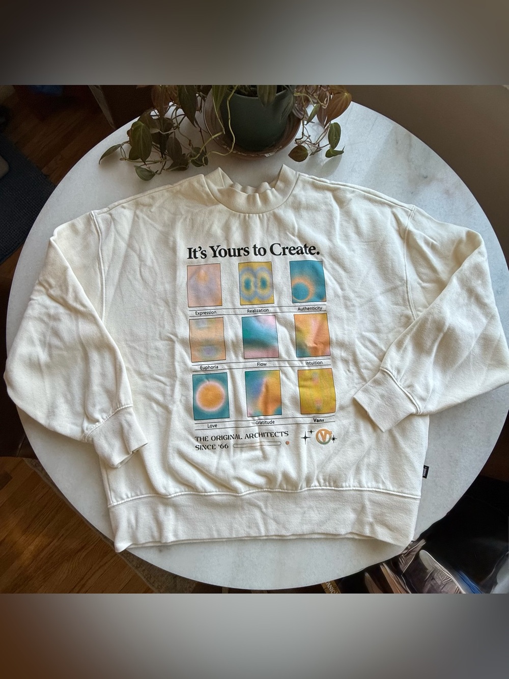Vans Cream Crewneck Sweatshirt with Multicolor Grid Graphic XS Womens